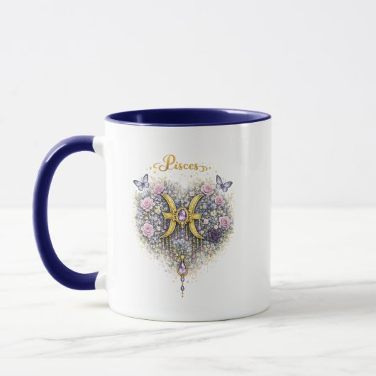 Pisces Zodiac Floral Heart Mug – Elegant Astrology マグカップ (左)