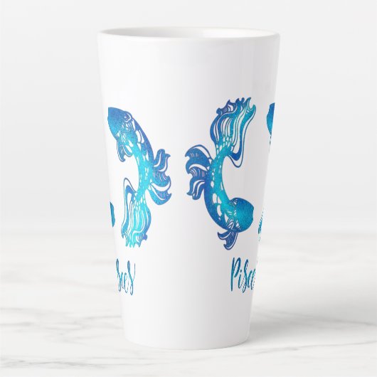 Pisces zodiac sign bright light blue glitter fish カフェラテマグ (正面)