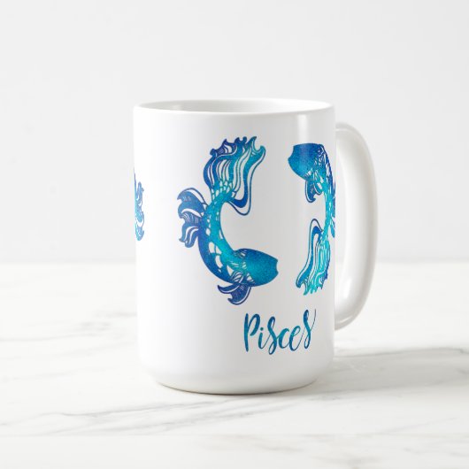 Pisces zodiac sign bright light blue glitter fish コーヒーマグカップ (正面右)
