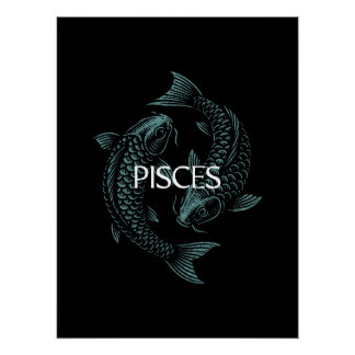 Pisces Zodiac – Vintage Fish in Teal on Black ポスター