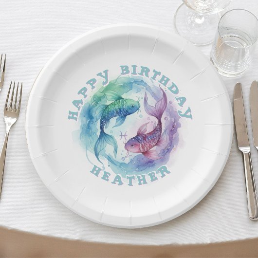 Pisces Zodiac Watercolor Fish Astrology Birthday ペーパープレート