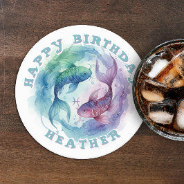 Pisces Zodiac Watercolor Fish Astrology Birthday ラウンドペーパーコースター