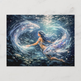 Pisces Zodiac with Woman Surrounded by Two Glowing ポストカード