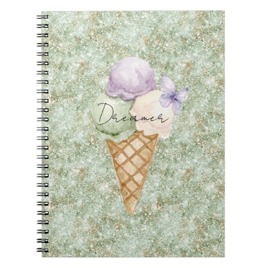 Pistachio Glitter Ice Cream Lavender Butterfly ノートブック (正面)