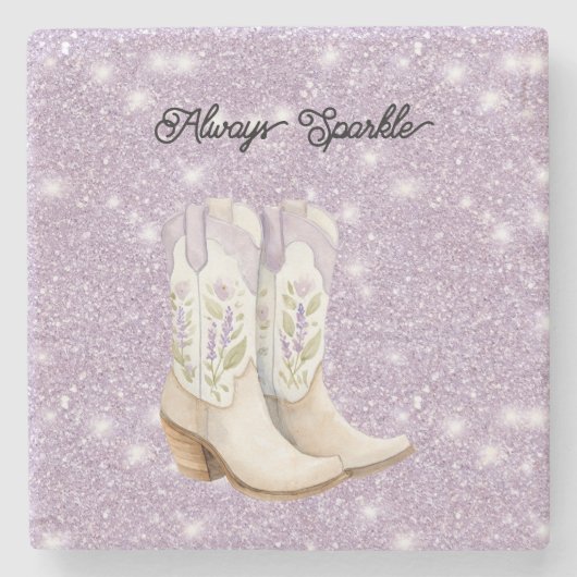 Pistachio Lavender Cowgirl Boots Sparkle Glitter ストーンコースター (正面)
