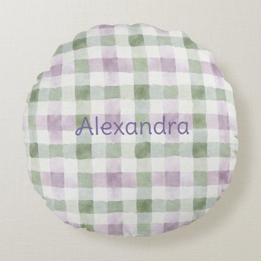 Pistachio Plaid Stripes Lavender Faux Glitter ラウンドクッション (正面)