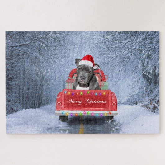 Pit Bull Dog in Snow sitting in Christmas Truck  ジグソーパズル (横)