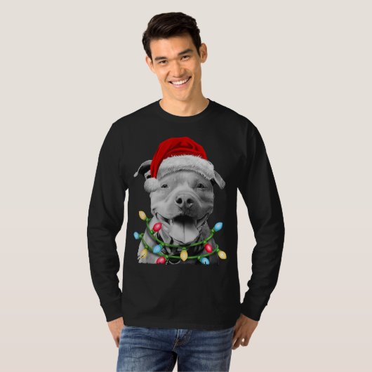Pit Bull Santa Christmas Tree Lights Xmas Boys Dog Tシャツ (正面フル)