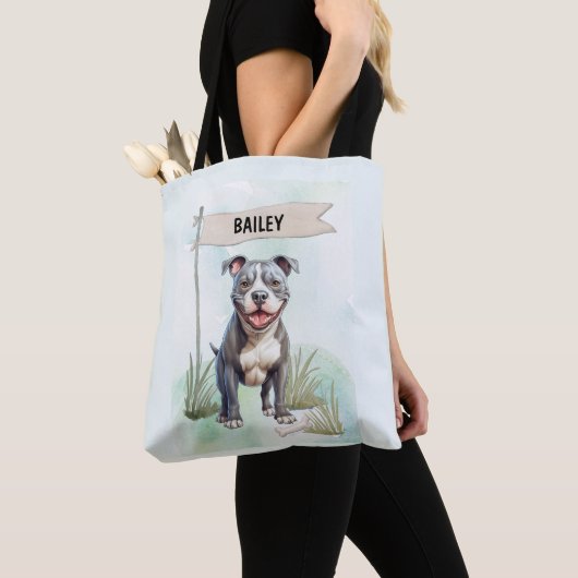 Pit Bull Terrier Watercolor Personalized Dog トートバッグ (クローズアップ)