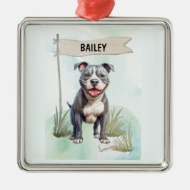 Pit Bull Terrier Watercolor Personalized Dog メタルオーナメント