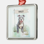 Pit Bull Terrier Watercolor Personalized Dog メタルオーナメント (左)