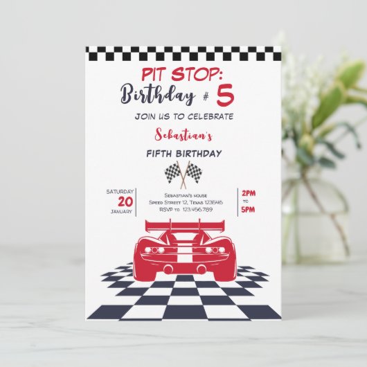 Pit stop: racing car kids birthday 招待状 (スタンド正面)