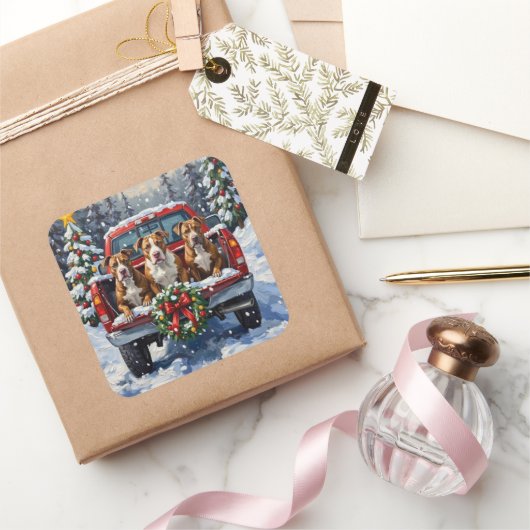 Pitbull Christmas Red Truck Holiday スクエアシール (ギフト)