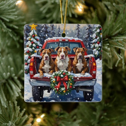 Pitbull Christmas Red Truck Holiday セラミックオーナメント (ツリー)
