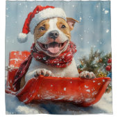 Pitbull Dog in Sledge Let it Snow Christmas シャワーカーテン (正面)