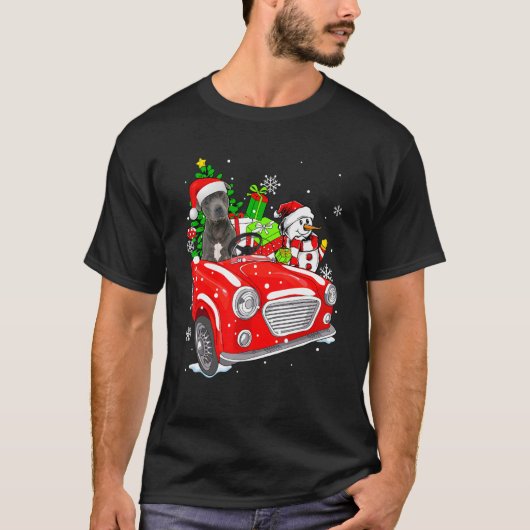 Pitbull Dog Santa Hat Red Car Christmas Tシャツ (正面)