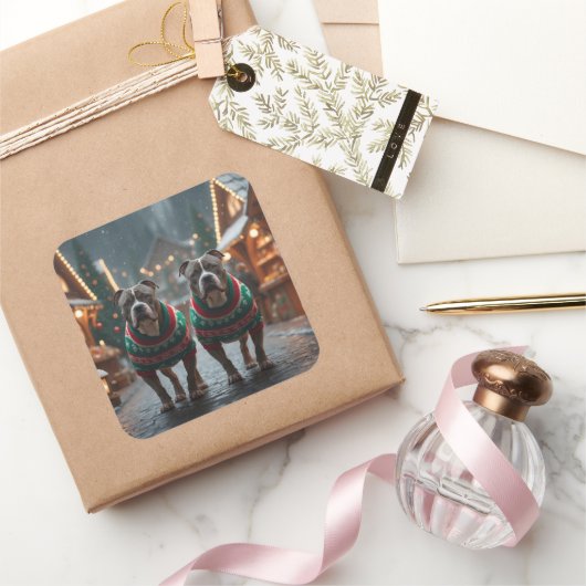 Pitbull Dogs Christmas Snow Holiday スクエアシール (ギフト)