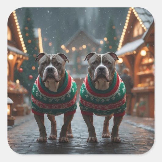 Pitbull Dogs Christmas Snow Holiday スクエアシール (正面)