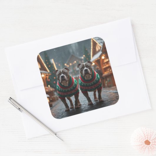 Pitbull Dogs Christmas Snow Holiday スクエアシール (封筒)