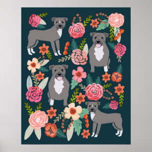 Pitbull Terrier Floral Dog Art ポスター