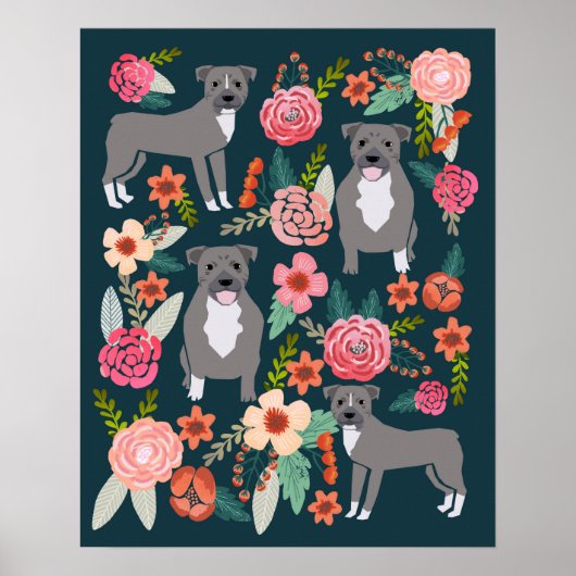 Pitbull Terrier Floral Dog Art ポスター (正面)