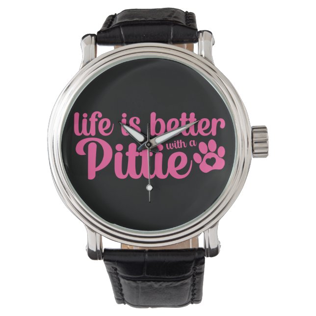 Pittie Mom Life is better Dog Paw Pink 腕時計 (正面)