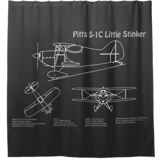Pitts S-1C – 飛行機の設計図の計画PD シャワーカーテン (正面)