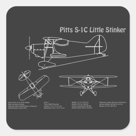 Pitts S-1C – 飛行機の設計図の計画PD スクエアシール (正面)