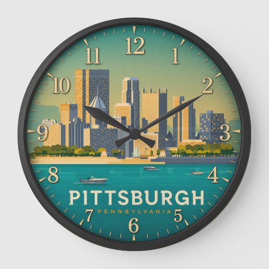 Pittsburgh Pennsylvania Skyline ラージ壁時計 (正面)