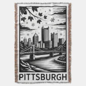 Pittsburgh Skyline Black & White Winter City スローブランケット (正面縦)
