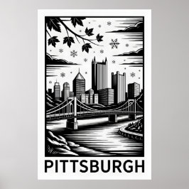 Pittsburgh Skyline Black & White Winter City ポスター