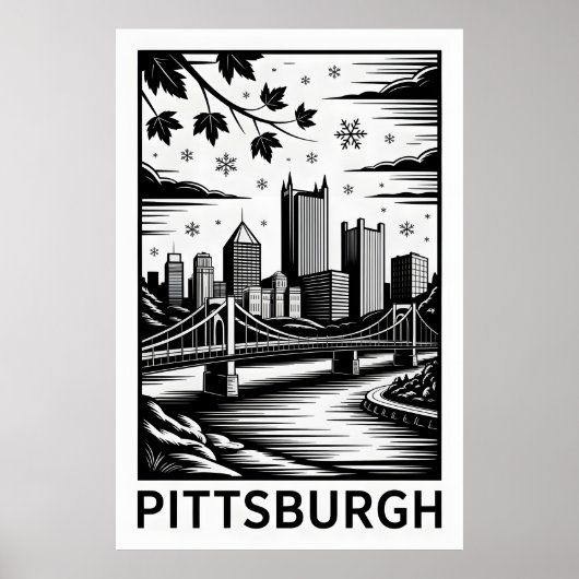 Pittsburgh Skyline Black & White Winter City ポスター (正面)