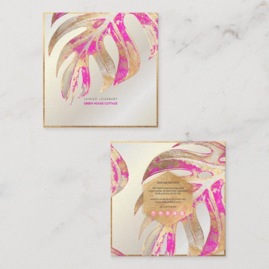 PIX DEZINES MONSTERA、DUOトーフェイクンフォイル、HOT PINK スクエア名刺 (正面/裏面)