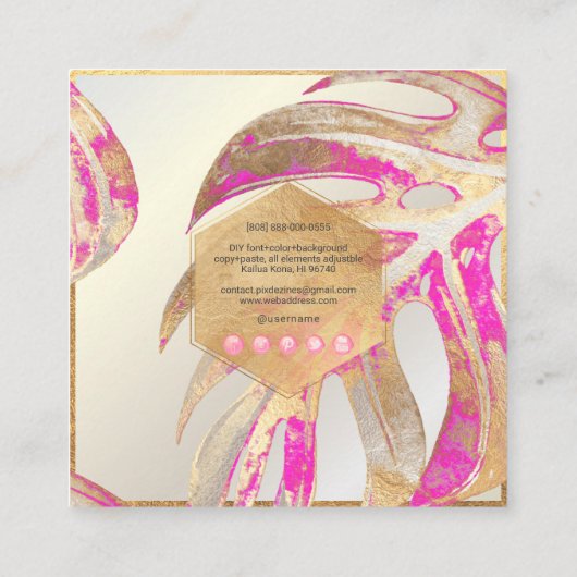 PIX DEZINES MONSTERA、DUOトーフェイクンフォイル、HOT PINK スクエア名刺 (裏面)