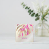 PIX DEZINES MONSTERA、DUOトーフェイクンフォイル、HOT PINK スクエア名刺 (スタンド正面)