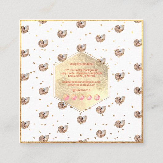 PIX DEZINES SEASHELLS、NAUTILUS、金フェイク箔 スクエア名刺 (裏面)