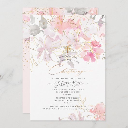 PixDezin水彩赤面アユ《キリスト教》洗礼式や命名式 招待状 (正面/裏面)