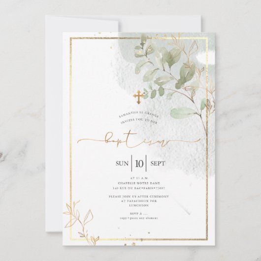 PixDezine水彩緑の金ゴールドバプテスマ 招待状 (正面)