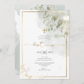 PixDezine水彩緑の金ゴールドバプテスマ 招待状 (正面/裏面)