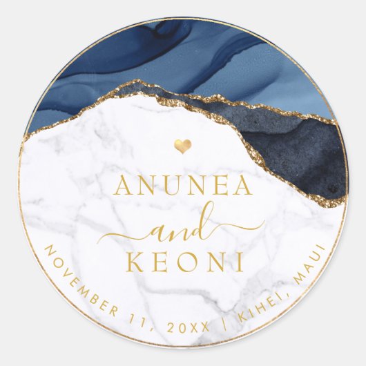 PixDezine H2 Blue Agate + Marble Faux Gold Heart ラウンドシール (正面)