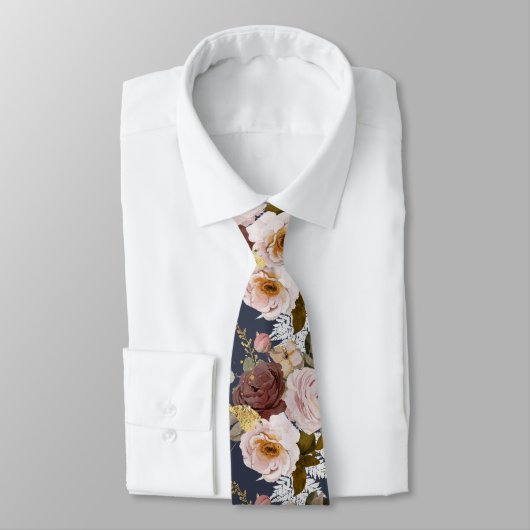 PixDezine H2 Flowers Burgundy Blush Roses Navy ネクタイ (タイ)