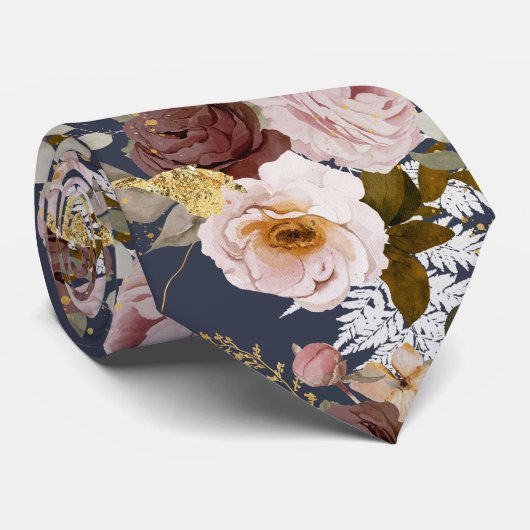 PixDezine H2 Flowers Burgundy Blush Roses Navy ネクタイ (ロール)