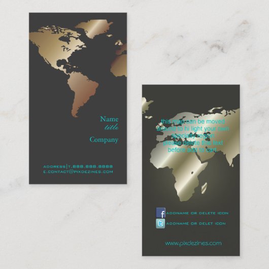 PixDezinesがグローバル/ワールドマップ/メタリックに変フェイク換 名刺 (正面/裏面)