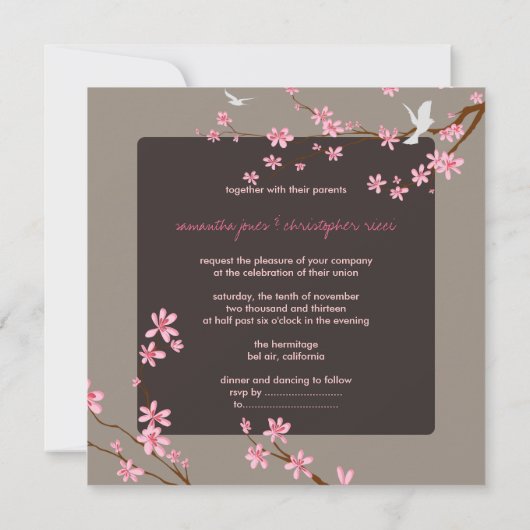 PixDezinesさくらんぼの花/赤の背景色 招待状 (裏面)