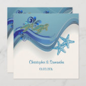 PixDezinesのウミガメ/ホヌ+ウェーブ/日の背景 招待状 (正面/裏面)