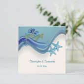 PixDezinesのウミガメ/ホヌ+ウェーブ/日の背景 招待状 (スタンド正面)