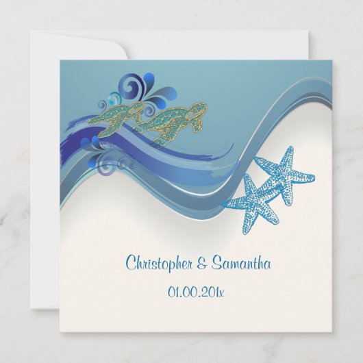 PixDezinesのウミガメ/ホヌ+ウェーブ/日の背景 招待状 (正面)