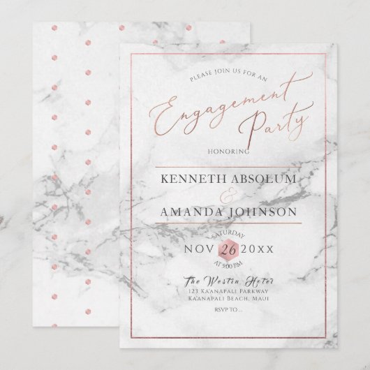 PixDezinesのエレガントなスクリプト、マーブル+フェイク ローズゴールド 招待状 (正面/裏面)