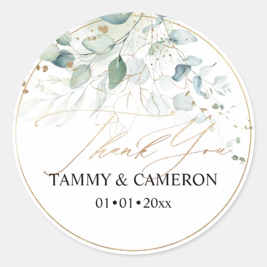 PixDezinesのエレガントな水彩グリーン ユーカリ ラウンドシール (正面)