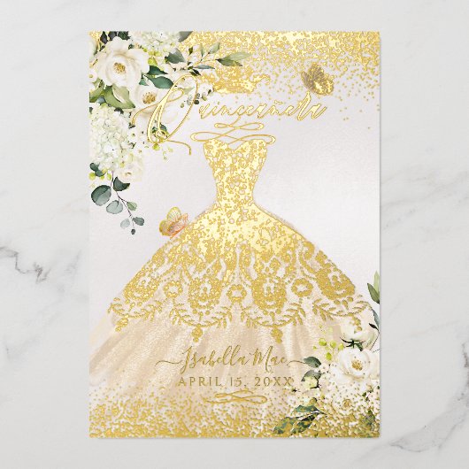 PixDezinesのキンセアニエラ シャンパンゴールド グリッター ドレス 箔招待状 (正面)